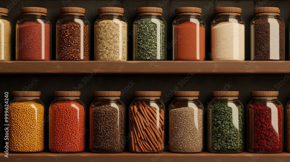 Various jars of colorful spices and ingredients on a wooden shelf. Various jars of colorful spices and ingredients on a wooden shelf.