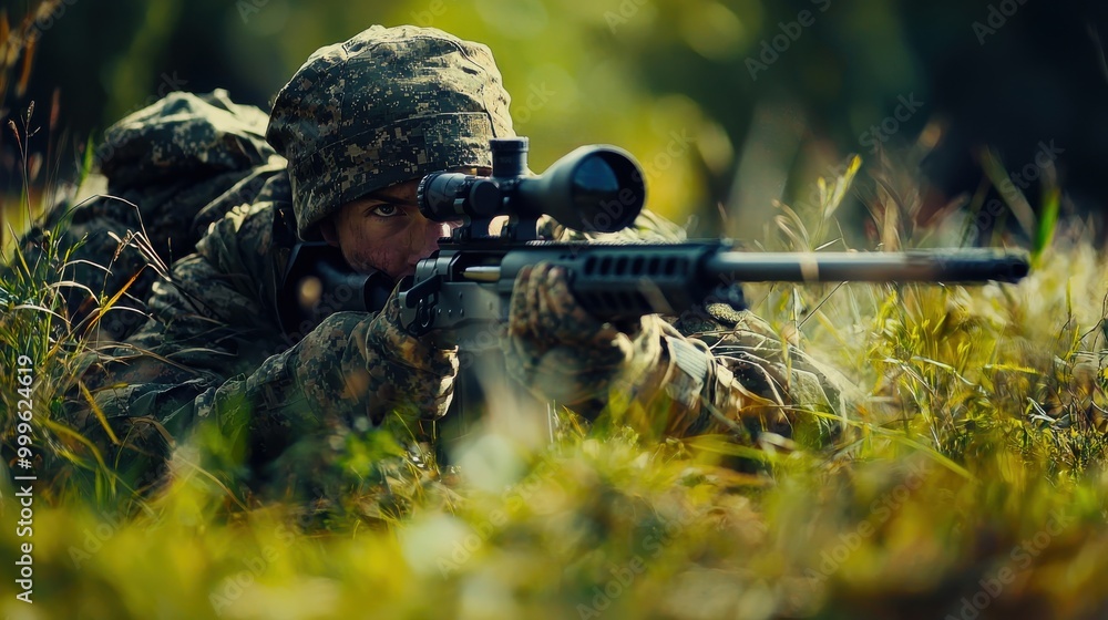 An army sniper positioned low in the grass, carefully aiming a long-range rifle, camouflaged and blending seamlessly into the natural environment for stealth and precisio An army sniper positioned low in the grass, carefully aiming a long-range rifle, camouflaged and blending seamlessly into the natural environment for stealth and precisio