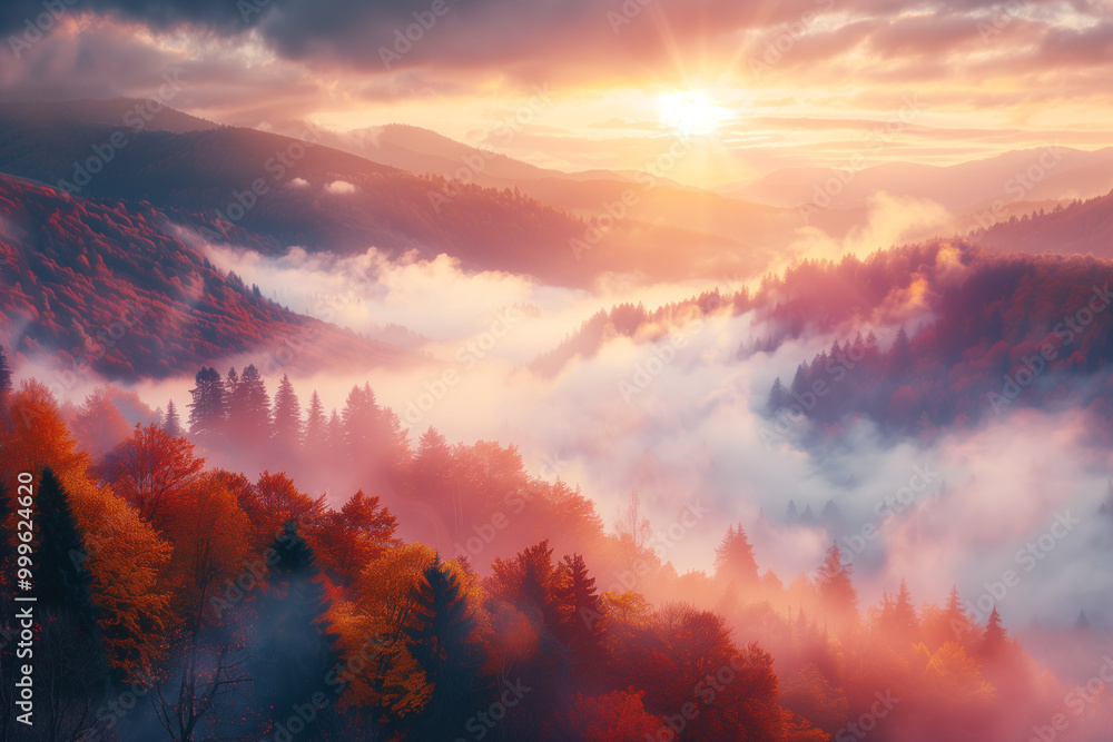Fototapeta premium Morning sunrise with beautiful nature, autumn scenery of foggy valley. Outdoor travel, relax concept
