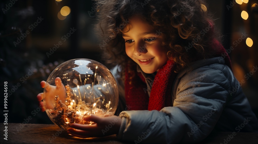 Naklejka premium wonder on a child's face as they unwrap a present to find magical snow globe that transports.