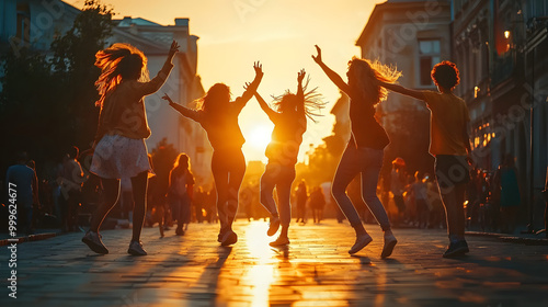 Friends dancing on street during sunset hyper realistic photo