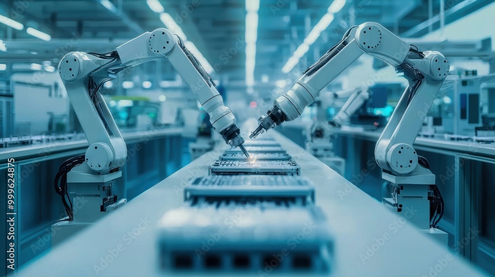 An assembly line in a modern manufacturing facility featuring robotic arms efficiently assembling products, showcasing advanced technology and streamlined production processes. An assembly line in a modern manufacturing facility featuring robotic arms efficiently assembling products, showcasing advanced technology and streamlined production processes.