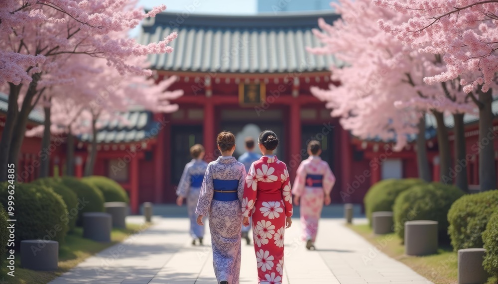 Elegant figures in traditional attire strolling through a blooming garden Elegant figures in traditional attire strolling through a blooming garden