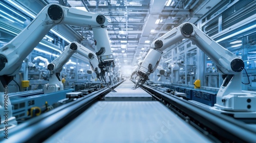 An assembly line in a modern manufacturing facility featuring robotic arms efficiently assembling products, showcasing advanced technology and streamlined production processes.