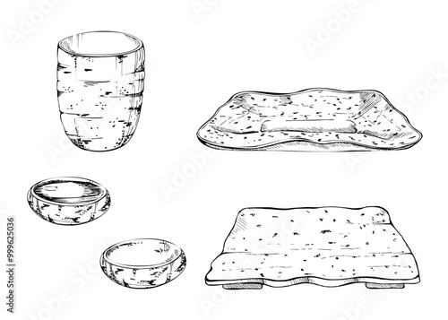 Set of ceramic plate dish tray cup for hobby, handmade, food. Hand drawn in vector pen and ink. Isolated illustration for pottery shop logo, art class, print, website, restaurant cafe menu, booklet.
