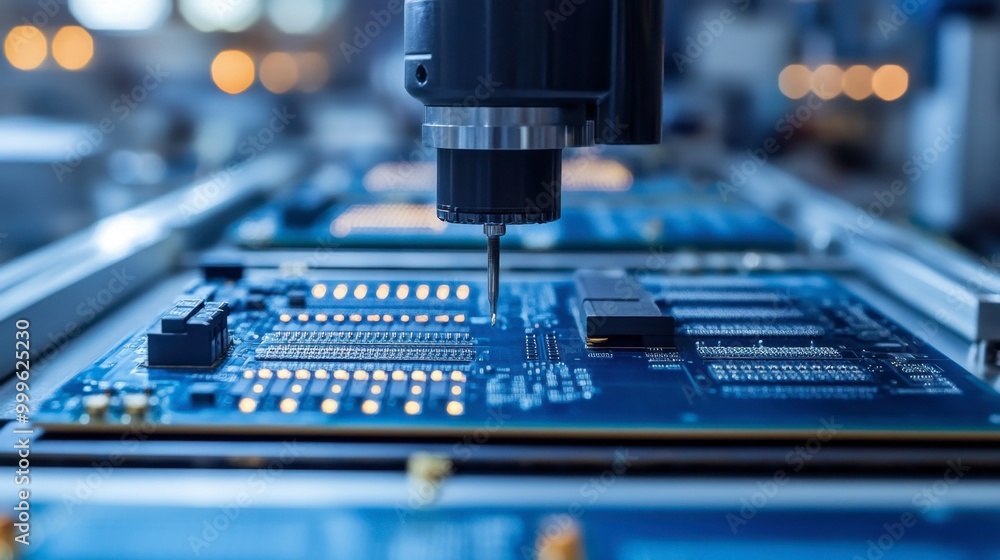 A detailed view of precision machinery creating microchips in a Korean semiconductor factory, showcasing the technological prowess of the industry. A detailed view of precision machinery creating microchips in a Korean semiconductor factory, showcasing the technological prowess of the industry.