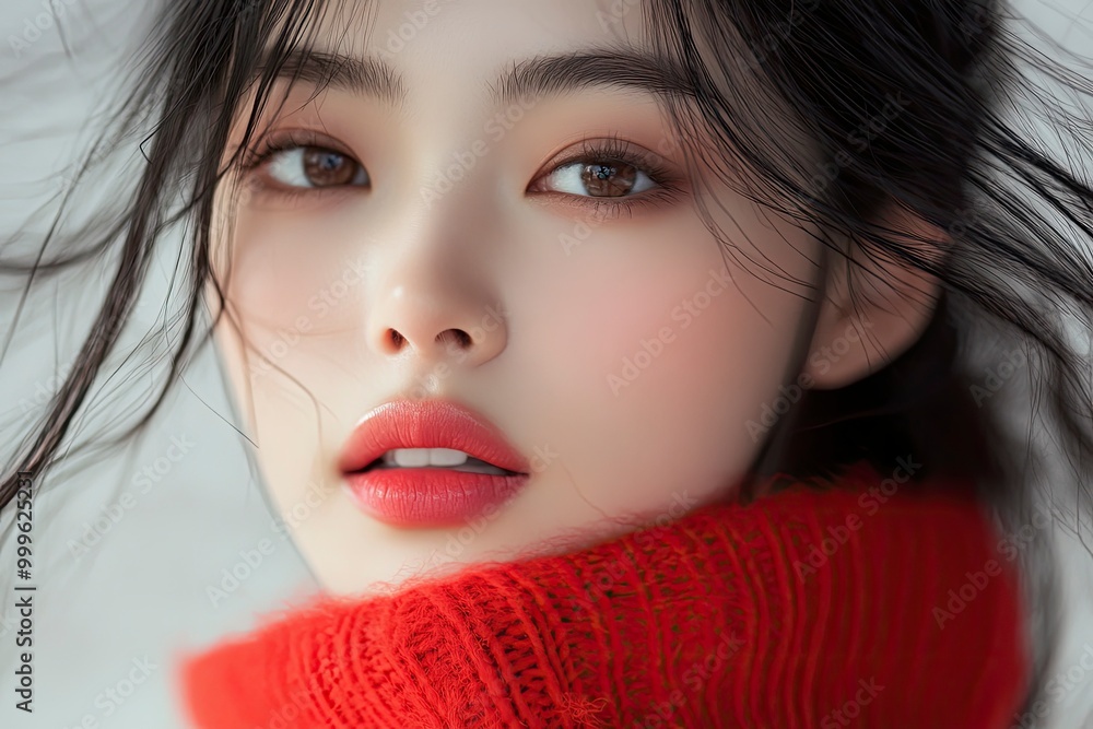 Beauty portrait of young Asian woman in red knit with generative ai Beauty portrait of young Asian woman in red knit with generative ai