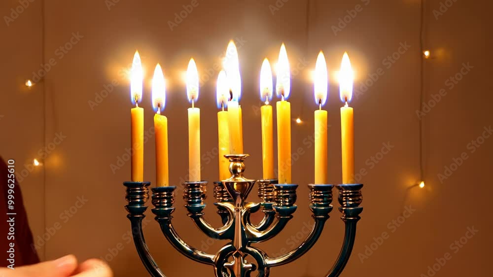 A set of glowing candles in elegant holders, used in religious traditions to symbolize hope, remembrance, and faith. A set of glowing candles in elegant holders, used in religious traditions to symbolize hope, remembrance, and faith.