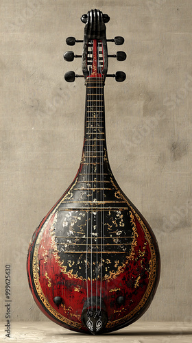 image shows an intricately designed stringed musical instrument with a fretted neck and a rounded body possibly antique or culturally significant 
 photo