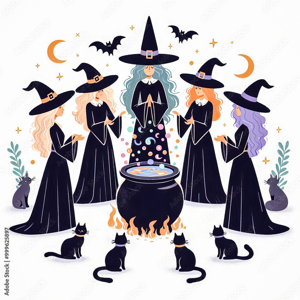 witches at a cauldron, casting spells, preparing a mysterious potion, an atmosphere of magic and horror, witchcraft paraphernalia in the form of candles, pumpkin masks, cobwebs witches at a cauldron, casting spells, preparing a mysterious potion, an atmosphere of magic and horror, witchcraft paraphernalia in the form of candles, pumpkin masks, cobwebs