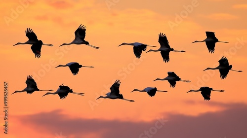 A flock of storks flying across the evening sky, their long legs trailing behind as they head towards their roost.