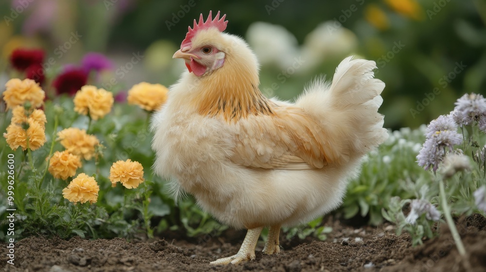 Fototapeta premium A fluffy Pekin chicken with its fully feathered legs, standing near a small garden patch filled with flowers.
