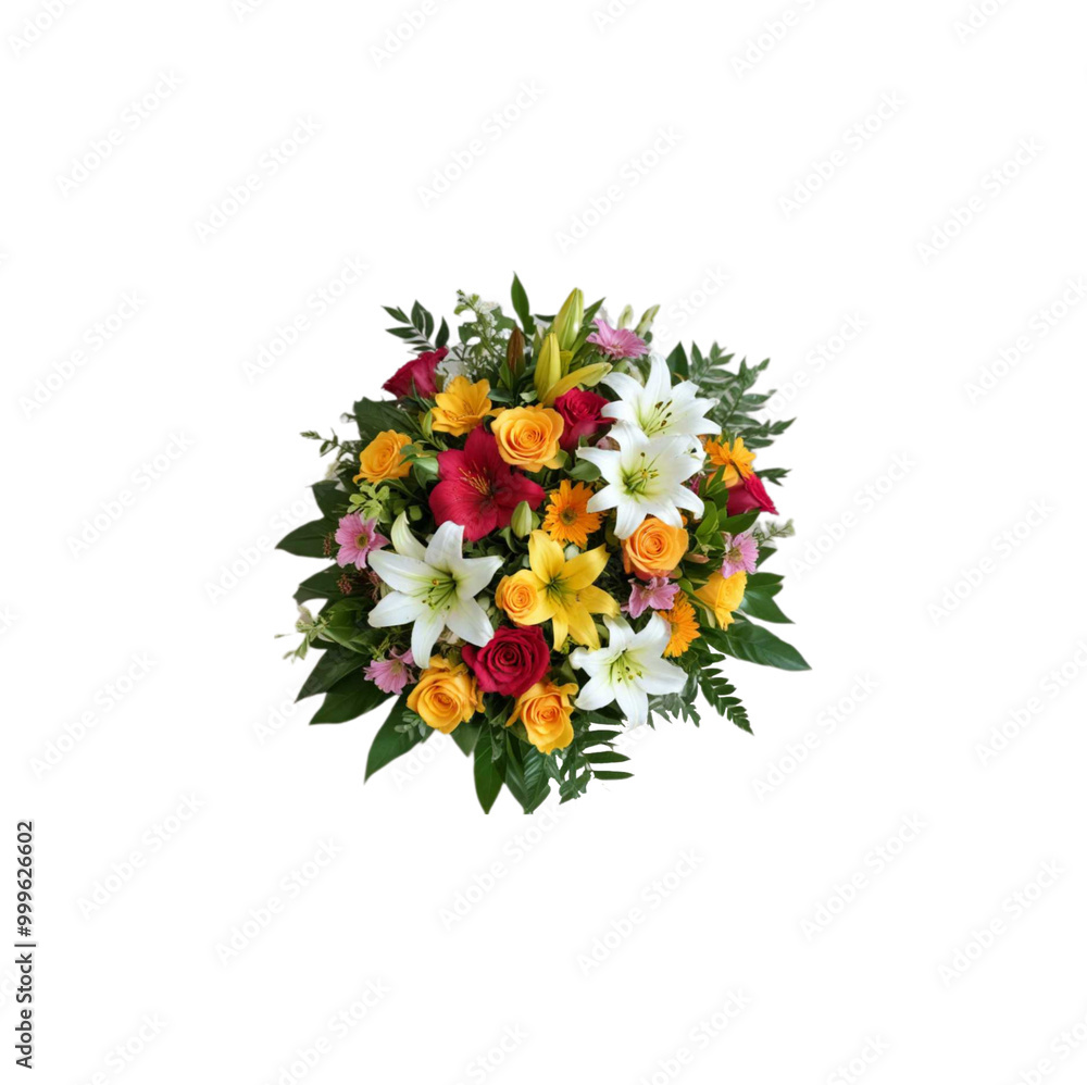 Obraz premium A Vibrant Bouquet of Mixed Flowers, including Roses, Lilies, and Daisies, with Lush Green Leaves