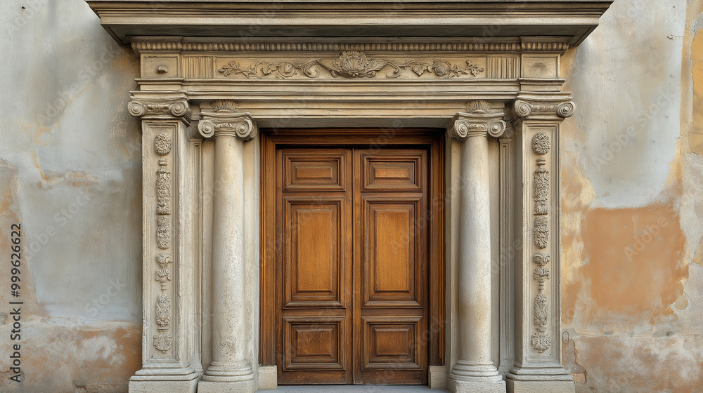 A classic wooden door set in an intricate architectural frame, symbolizing the passage to a new chapter in life A classic wooden door set in an intricate architectural frame, symbolizing the passage to a new chapter in life