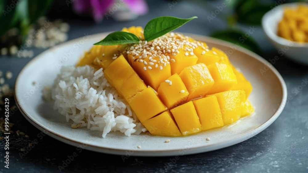 A freshly sliced mango with sticky rice and coconut milk, garnished with toasted sesame seeds on a white plate. A freshly sliced mango with sticky rice and coconut milk, garnished with toasted sesame seeds on a white plate.