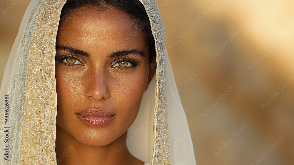 Fototapeta premium A beautiful Indian woman wearing a modest white dress. She has brown skin and wears no jewelry, with a tiara on her head. The daylight reveals tones of blue, dark silver, brown, an