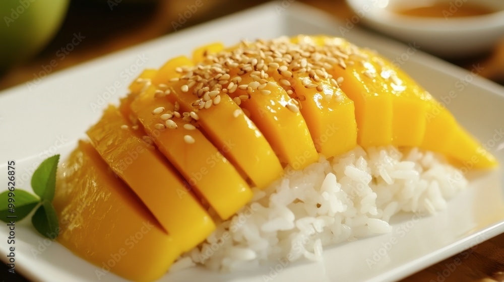 A freshly sliced mango with sticky rice and coconut milk, garnished with toasted sesame seeds on a white plate. A freshly sliced mango with sticky rice and coconut milk, garnished with toasted sesame seeds on a white plate.