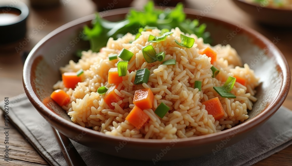 Deliciously colorful rice dish with carrots and greens Deliciously colorful rice dish with carrots and greens