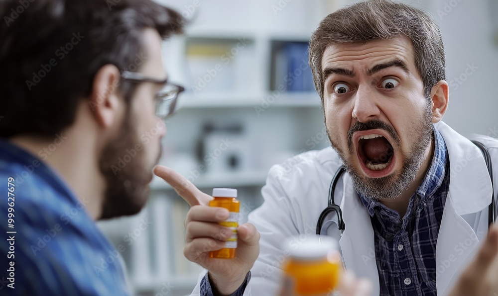 Doctor angrily confronts patient about medication. Doctor angrily confronts patient about medication.