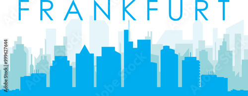 Blue panoramic city skyline poster with bluish misty transparent background buildings of FRANKFURT, GERMANY