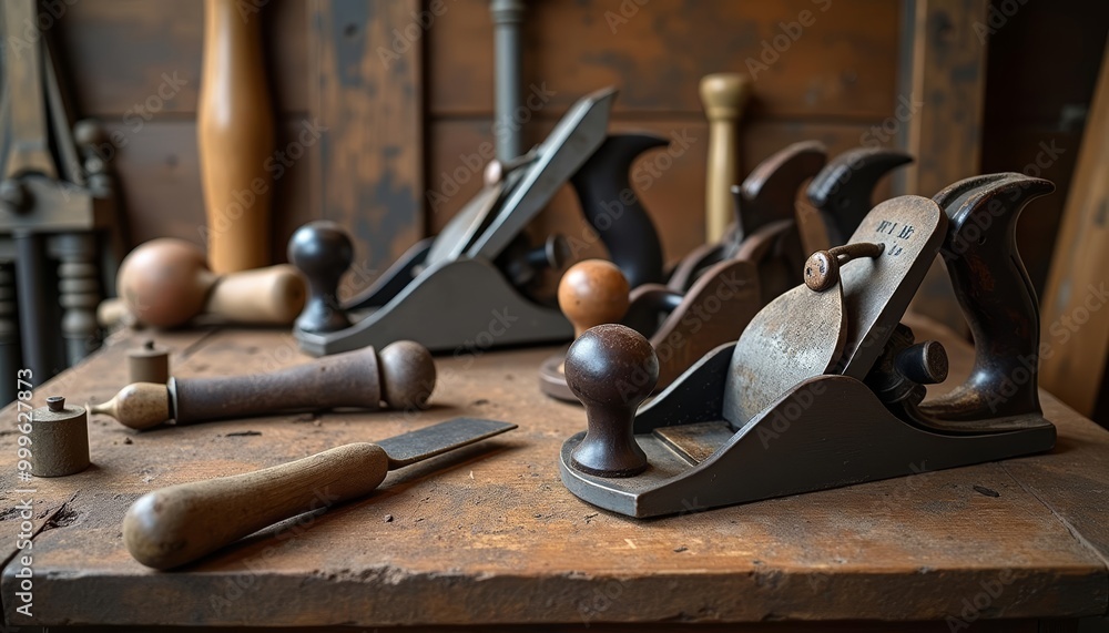 Craftsmanship in action Tools of the trade on a weathered workbench Craftsmanship in action Tools of the trade on a weathered workbench
