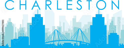 Blue panoramic city skyline poster with bluish misty transparent background buildings of CHARLESTON, UNITED STATES