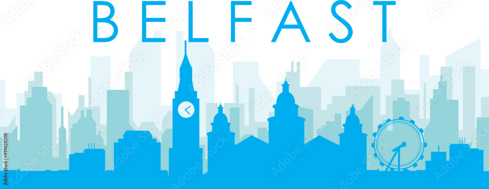 Obraz premium Blue panoramic city skyline poster with bluish misty transparent background buildings of BELFAST, UNITED KINGDOM