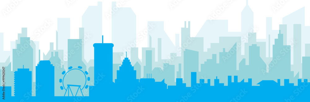 Blue panoramic city skyline poster with bluish misty transparent background buildings of ATLANTA, UNITED STATES Blue panoramic city skyline poster with bluish misty transparent background buildings of ATLANTA, UNITED STATES
