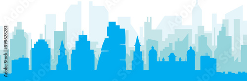 Blue panoramic city skyline poster with bluish misty transparent background buildings of LEEDS, UNITED KINGDOM