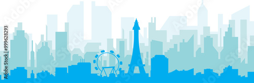 Blue panoramic city skyline poster with bluish misty transparent background buildings of LAS VEGAS, UNITED STATES
