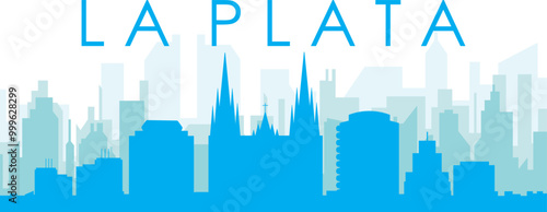 Blue panoramic city skyline poster with bluish misty transparent background buildings of LA PLATA, ARGENTINA