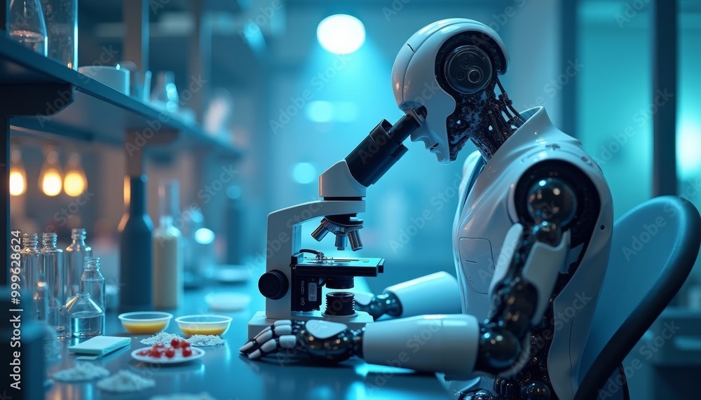 Robotic scientist in lab analyzing samples under microscope Robotic scientist in lab analyzing samples under microscope
