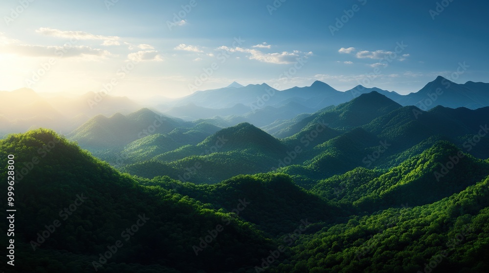 Fototapeta premium Breathtaking view of rolling green mountains under a clear blue sky.