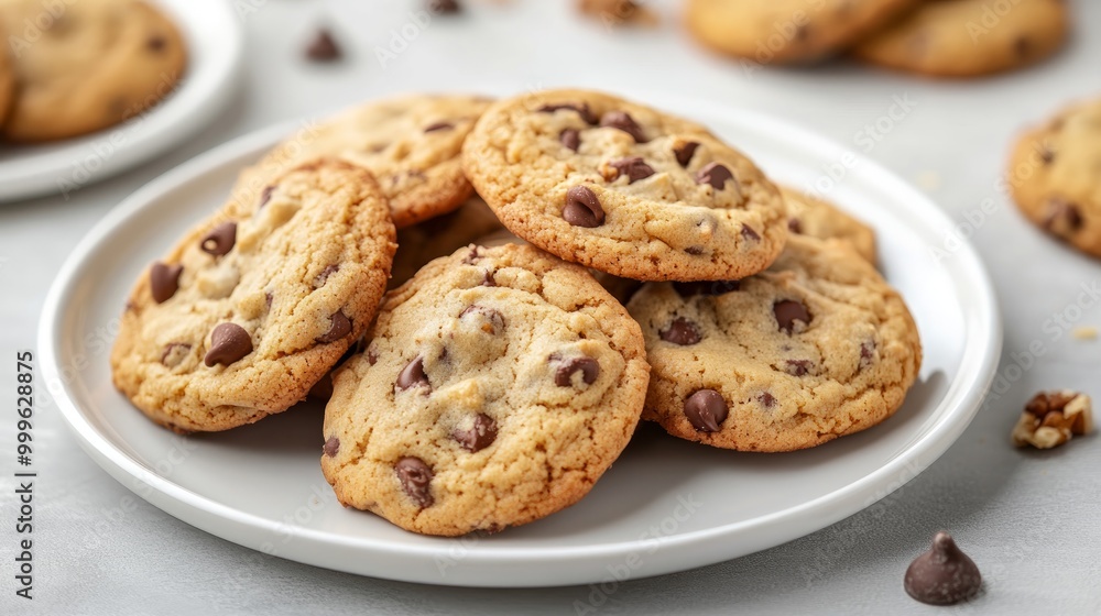 A plate of freshly baked cookies, golden brown and delicious, with a mix of chocolate chips and nuts, ready to enjoy A plate of freshly baked cookies, golden brown and delicious, with a mix of chocolate chips and nuts, ready to enjoy