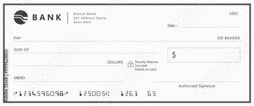 Blank bank cheque. Personal desk check template with empty field to fill.