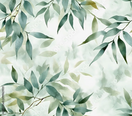 Wallpaper Mural Foliage seamless pattern featuring watercolor bamboo twigs and leaves on a white background, collection for decoration and design of fabric and wallpaper. Generative AI Torontodigital.ca