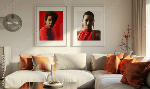 Modern living room with minimalist double photo frames on wall. AI generative. photo