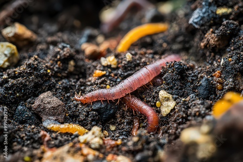  Earthworms in nutrient-rich soil, emphasizing ecological importance of decomposition and healthy soil ecosystems.