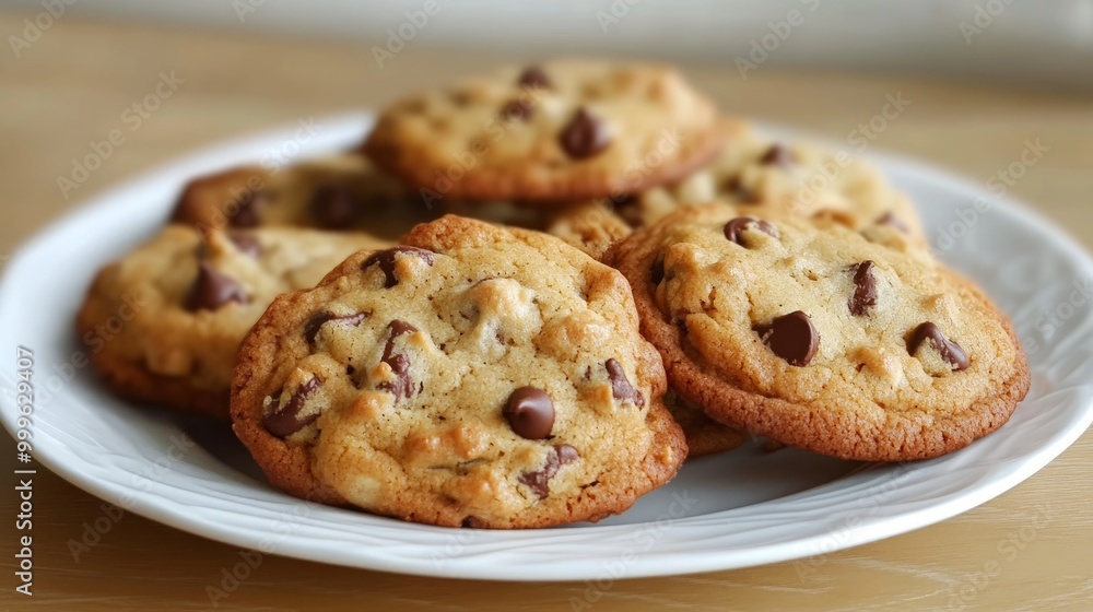 A plate of freshly baked cookies, golden brown and delicious, with a mix of chocolate chips and nuts, ready to enjoy A plate of freshly baked cookies, golden brown and delicious, with a mix of chocolate chips and nuts, ready to enjoy