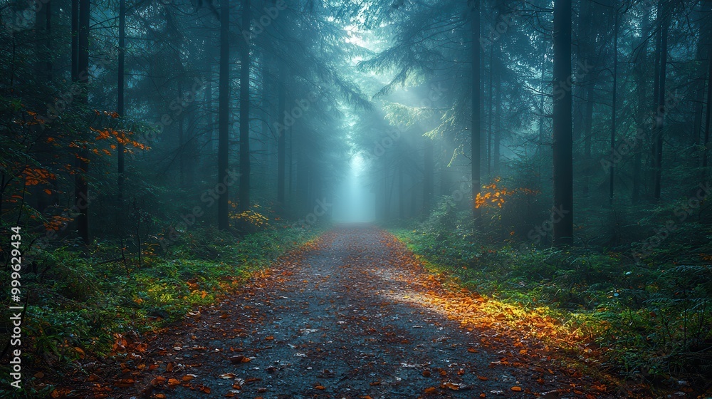 Fototapeta premium Serene Pathway Through Misty Forest