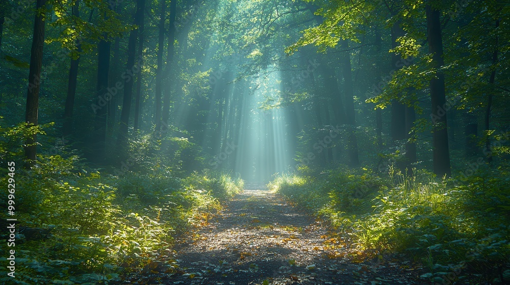 Serene Forest Path with Sunlight Rays and Green Foliage Serene Forest Path with Sunlight Rays and Green Foliage