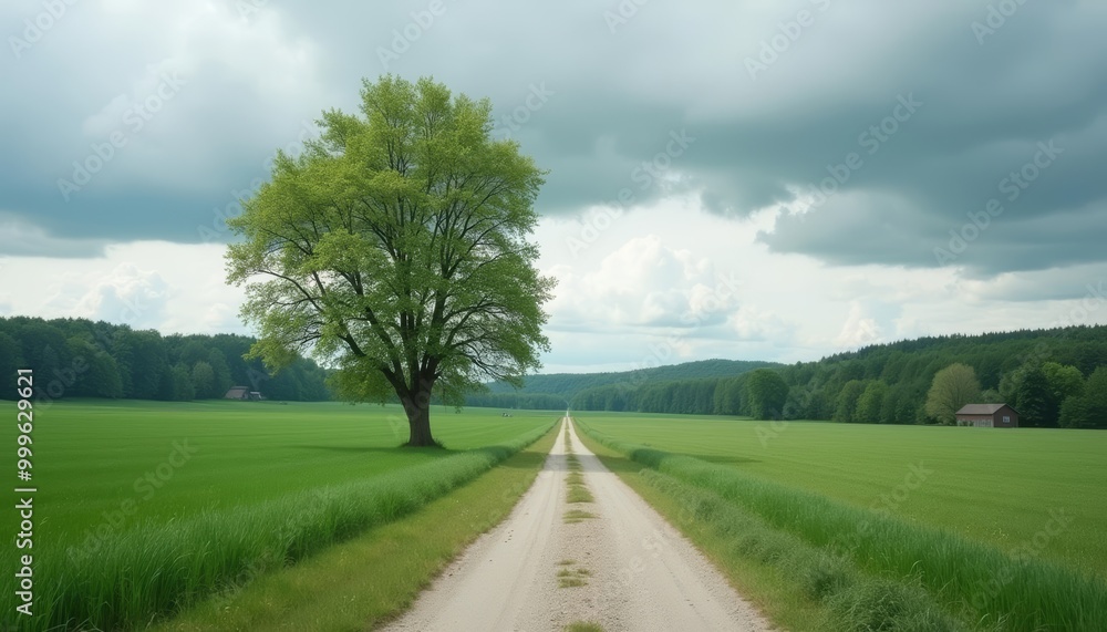 A serene country road under a cloudy sky A serene country road under a cloudy sky