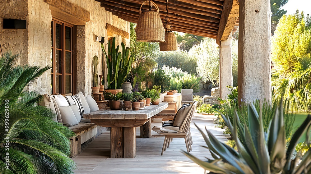 Fototapeta premium A rustic outdoor dining area with a wooden table and benches, surrounded by lush greenery and a stone wall.