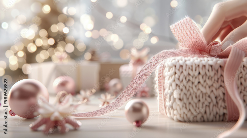 Close-up of hands tying a pink ribbon on a gift, surrounded by festive ornaments and warm bokeh lights Close-up of hands tying a pink ribbon on a gift, surrounded by festive ornaments and warm bokeh lights