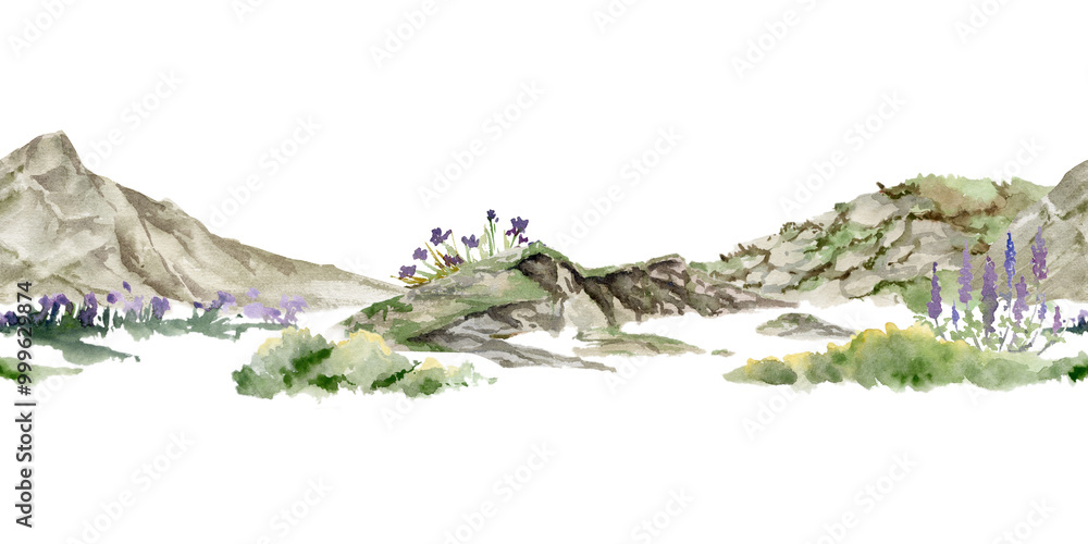 Fototapeta premium Scenery landscape of alpine vista, meadow grass moorland rock cliffs crags with grass and flowers, hand drawn in watercolor. Seamless banner. For tourism, resort ads, hiking camping sites, vacation.