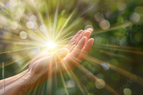 Hands raised in Reiki practice with vibrant rays of energy. AI generative. photo