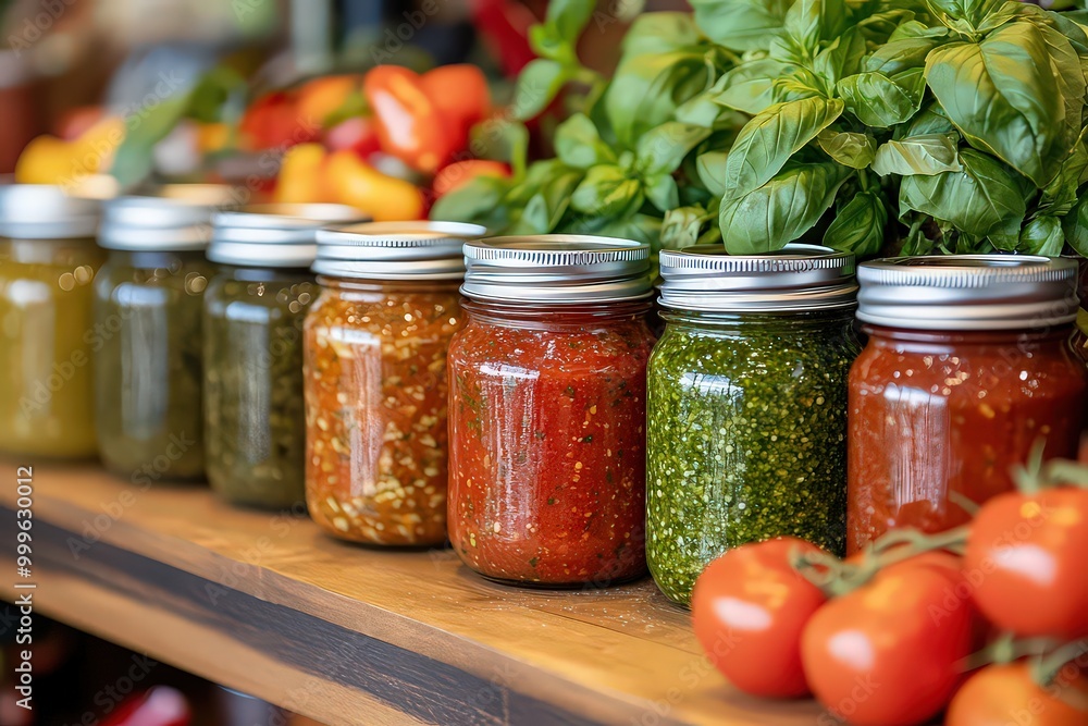 Colorful jars of sauces and preserves lined up next to fresh vegetables and herbs, showcasing a vibrant display of homemade culinary delights. Colorful jars of sauces and preserves lined up next to fresh vegetables and herbs, showcasing a vibrant display of homemade culinary delights.
