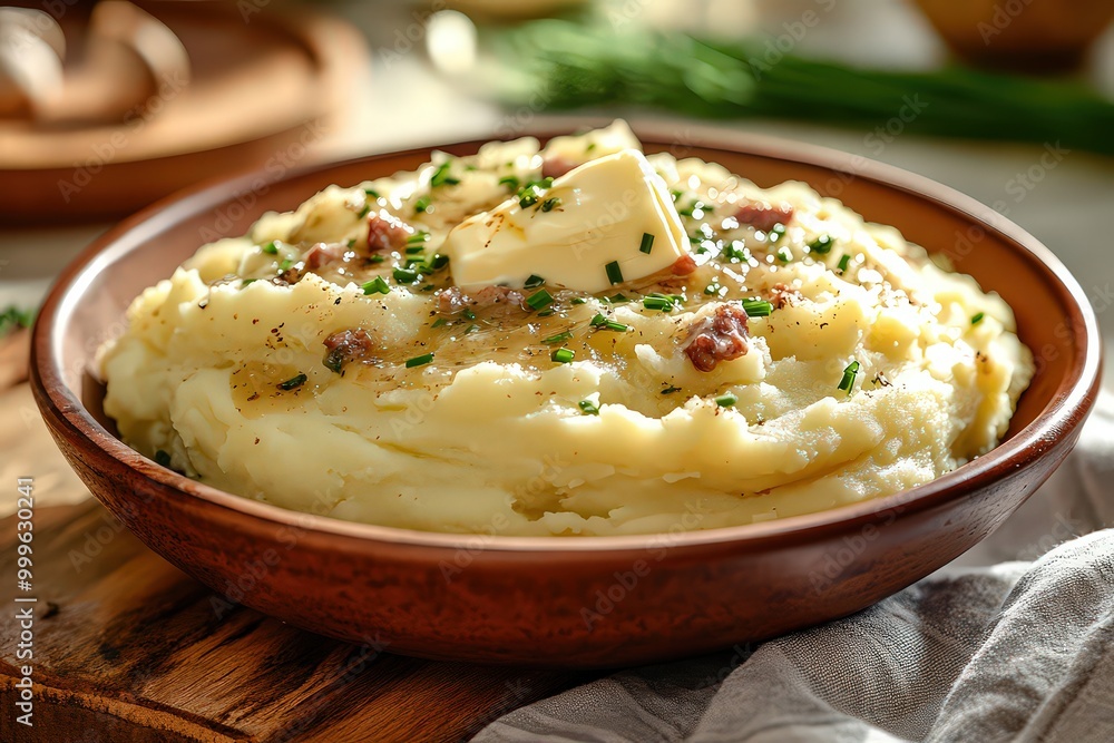 Creamy mashed potatoes topped with butter, herbs, and bacon bits in a rustic bowl, creating a comforting and delicious side dish. Creamy mashed potatoes topped with butter, herbs, and bacon bits in a rustic bowl, creating a comforting and delicious side dish.