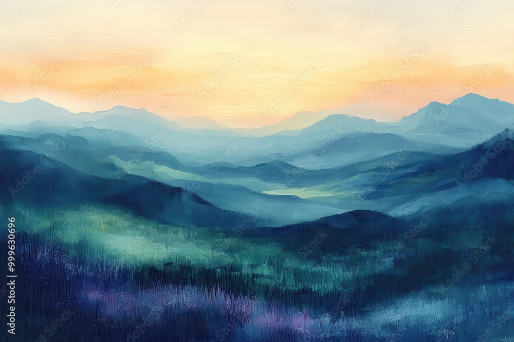 Serene Mountain Landscape at Sunrise with Soft Colors Serene Mountain Landscape at Sunrise with Soft Colors