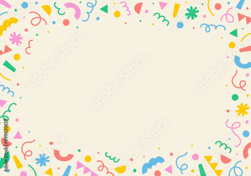 Abstract horizontal frame of multicolored geometric shapes, lines, confetti on light background, hand drawn illustration, flat style, copy space